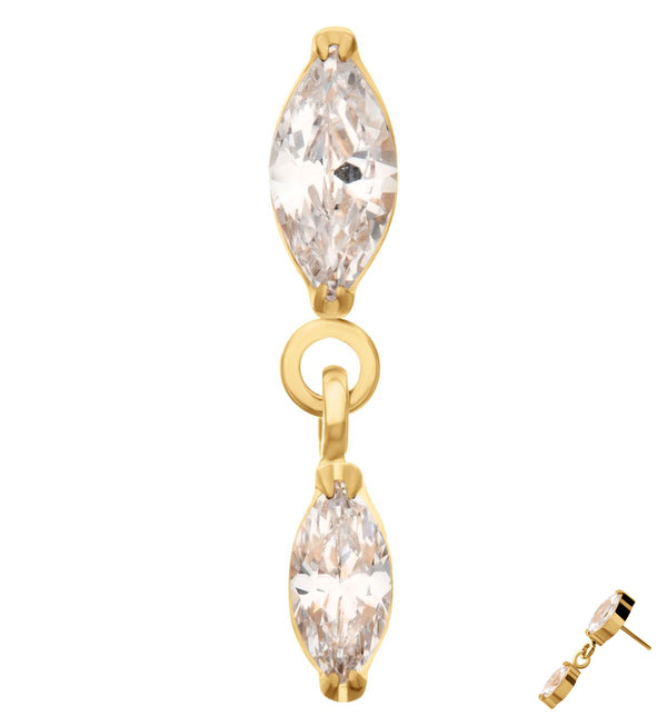 24kt Gold PVD Double Marquise Clear CZ Dangle Titanium Threadless Top