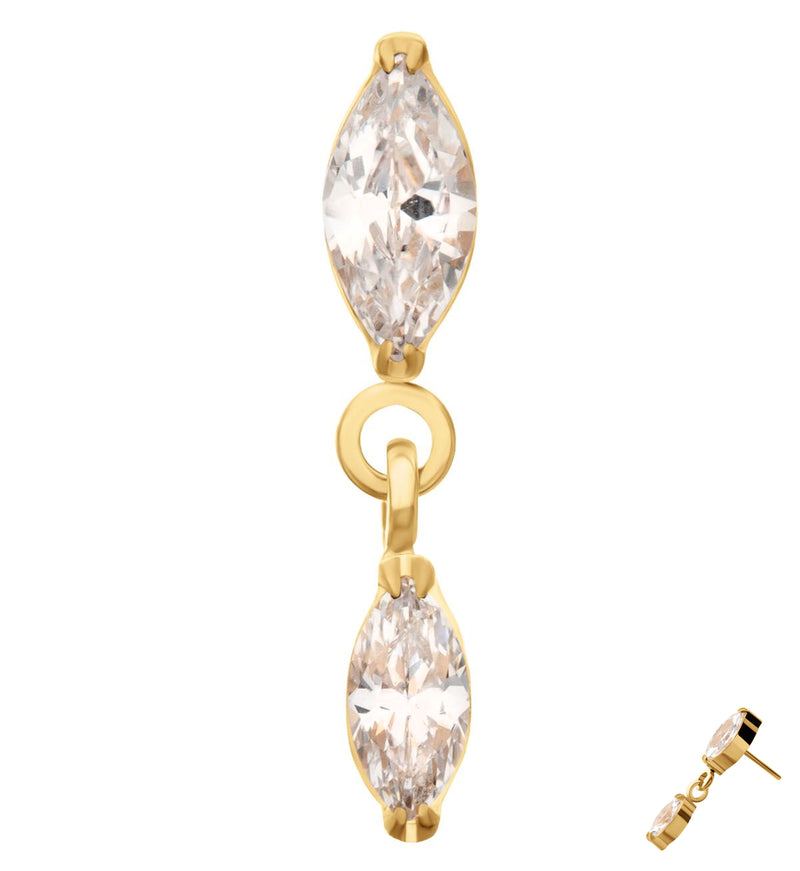 24kt Gold PVD Double Marquise Clear CZ Dangle Titanium Threadless Top