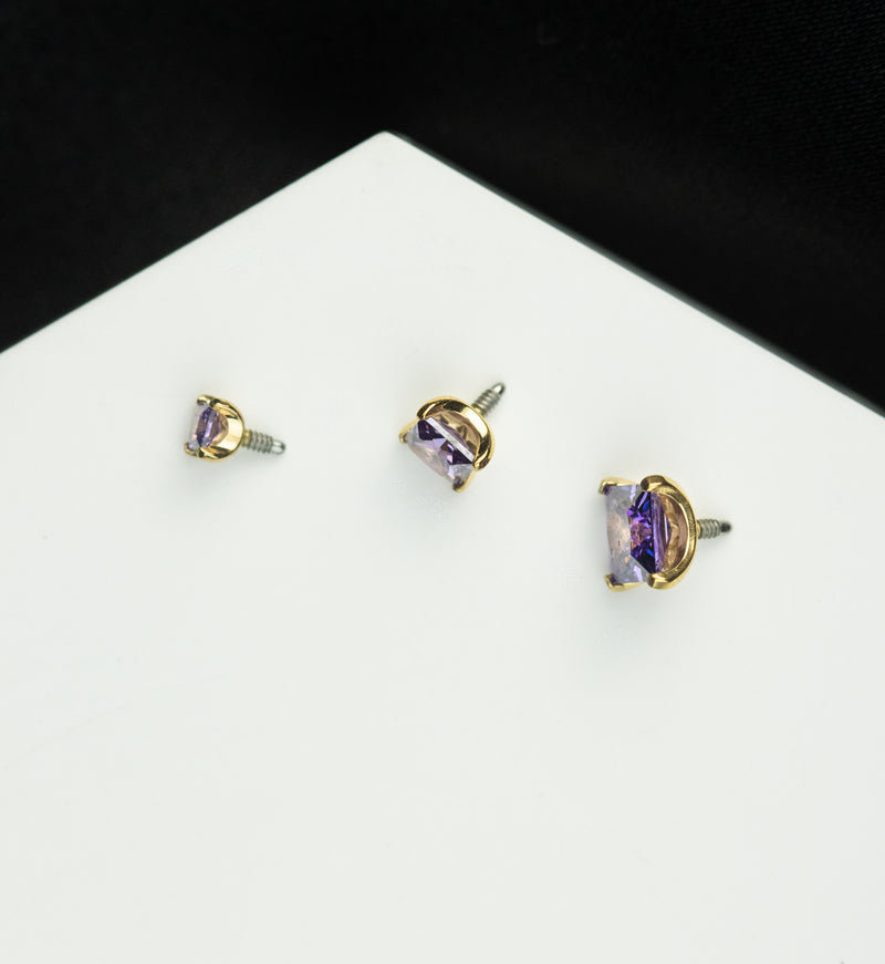 24kt Gold PVD Princess Amethyst CZ Internally Threaded Titanium Top