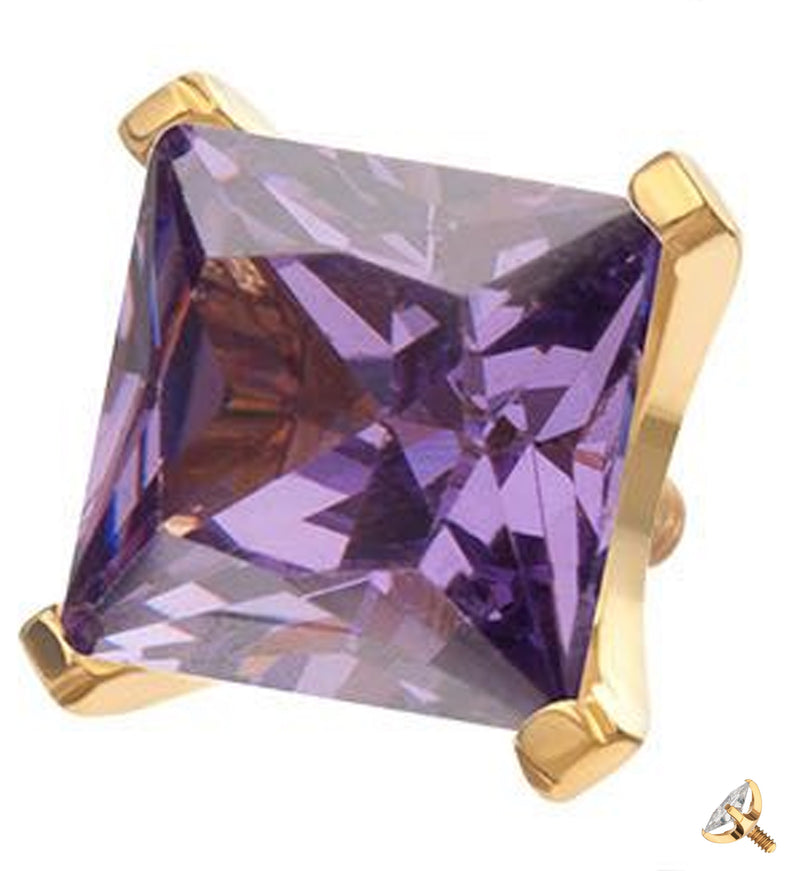 24kt Gold PVD Princess Amethyst CZ Internally Threaded Titanium Top