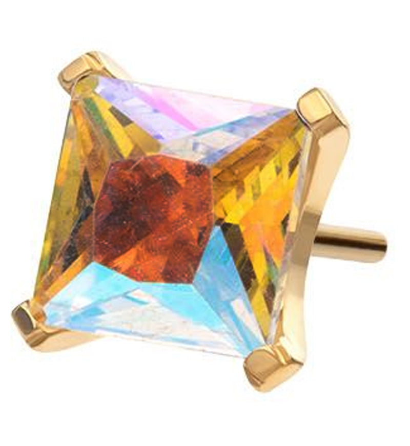 24kt Gold PVD Princess Rainbow Aurora CZ Threadless Titanium Top