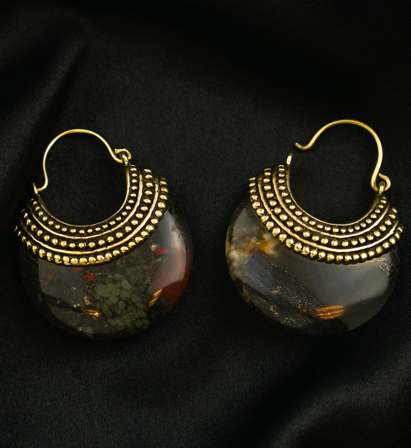 African Bloodstone Beaded Brass Stone Earrings