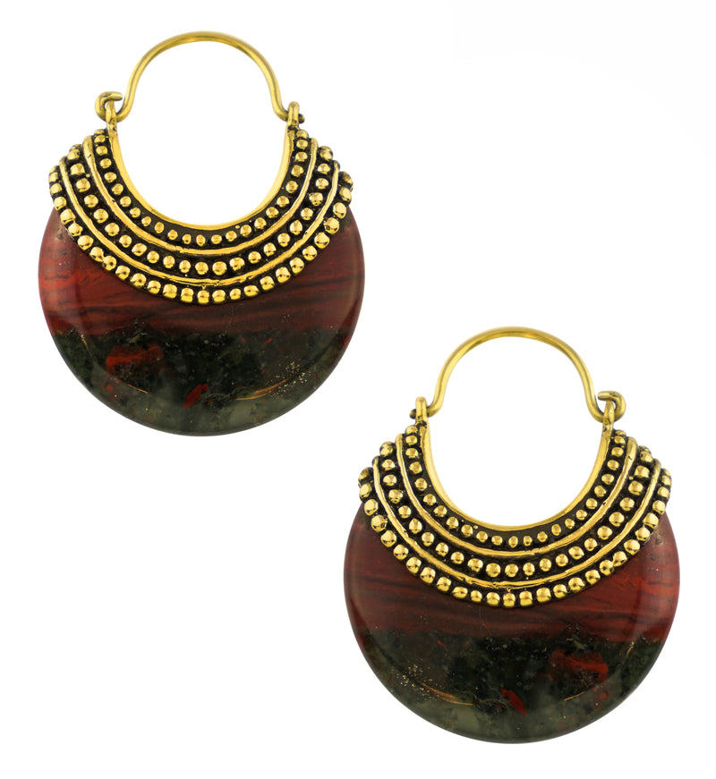 African Bloodstone Beaded Brass Stone Earrings