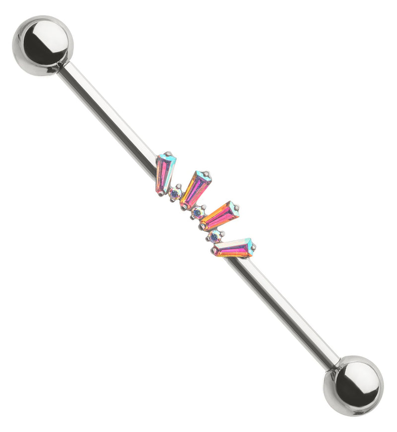 Alternate Rainbow Aurora and Clear CZ Arch Internally Threaded Titanium Industrial Barbell