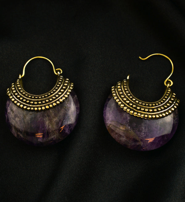 Amethyst Beaded Brass Stone Earrings