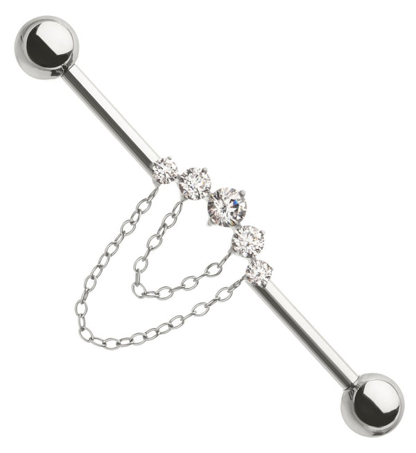 Arch Clear CZ Double Dangle Chain Internally Threaded Titanium Industrial Barbell