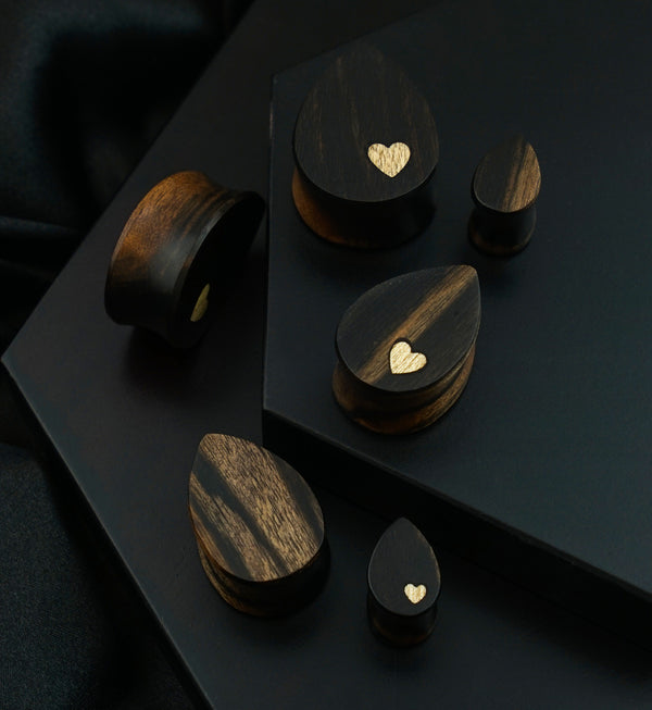 Areng Wood Heart Inlay Teardrop Plugs