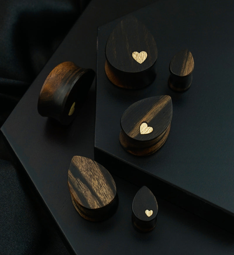 Areng Wood Heart Inlay Teardrop Plugs