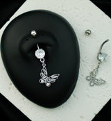 Beaded Butterfly Clear CZ Stainless Steel Belly Button Ring