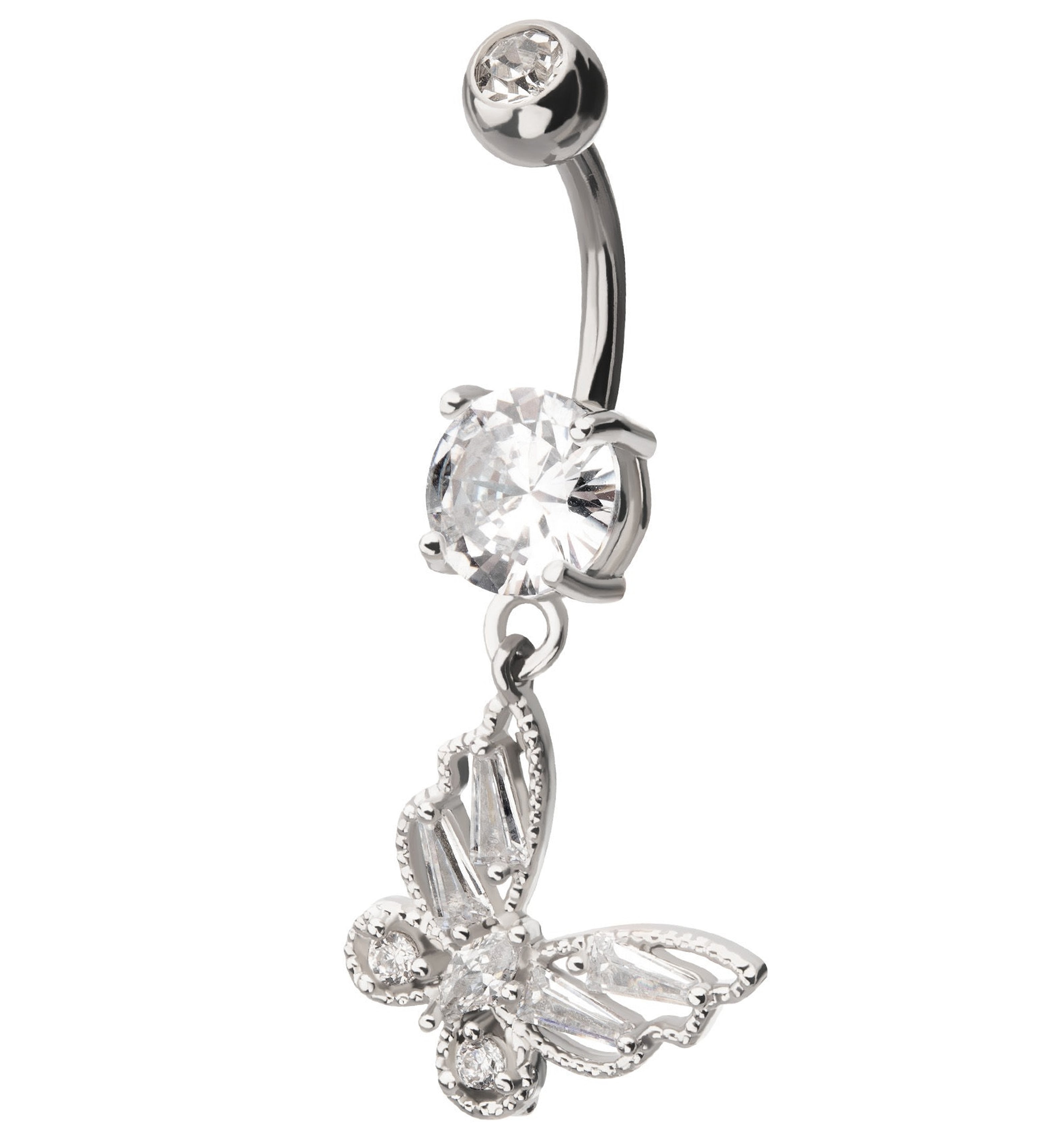 Beaded Butterfly Clear Cz Stainless Steel Belly Button Ring 0377