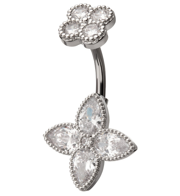 Beaded Teardrop Flower Clear CZ Stainless Steel Belly Button Ring