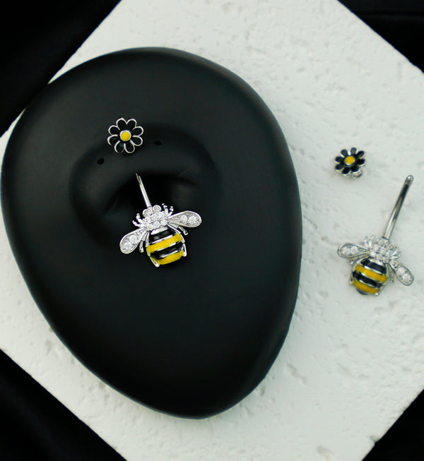 Black And Yellow Bee and Flower Clear CZ Stainless Steel Belly Button Ring