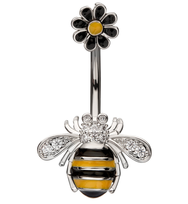 Black And Yellow Bee Flower Clear CZ Stainless Steel Belly Button Ring