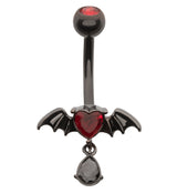 Black PVD Bat Red Heart CZ Stainless Steel Belly Button Ring