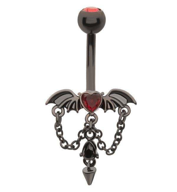 Black PVD Bat Red Heart Dangle Cone CZ Stainless Steel Belly Button Ring