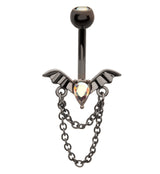 Black PVD Bat Teardrop Rainbow Aurora CZ Dangle Chain Stainless Steel Belly Button Ring