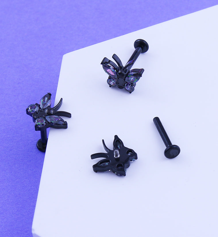 Black PVD Butterfly Black Aurora CZ Titanium Internally Threaded Labret