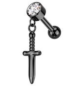 Black PVD Dangling Dagger Clear CZ Threadless Titanium Cartilage Barbell