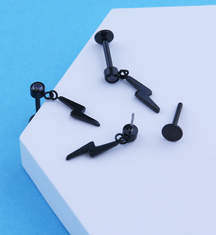 Black PVD Electric Bolt Dangle Black Aurora CZ Titanium Threadless Labret