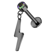 Black PVD Electric Bolt Dangle Black Aurora CZ Titanium Threadless Labret