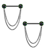 Black PVD Front Facing Black Aurora CZ Double Dangle Threadless Titanium Nipple Barbell