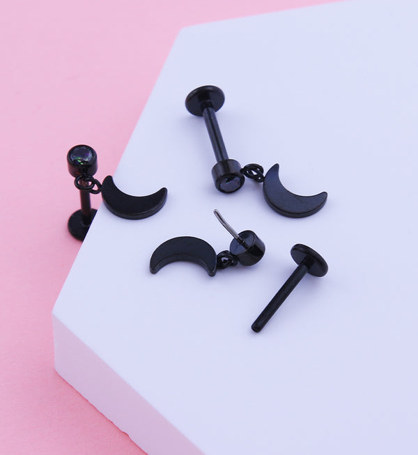 Black PVD Half Moon Dangle Black Aurora CZ Titanium Threadless Labret