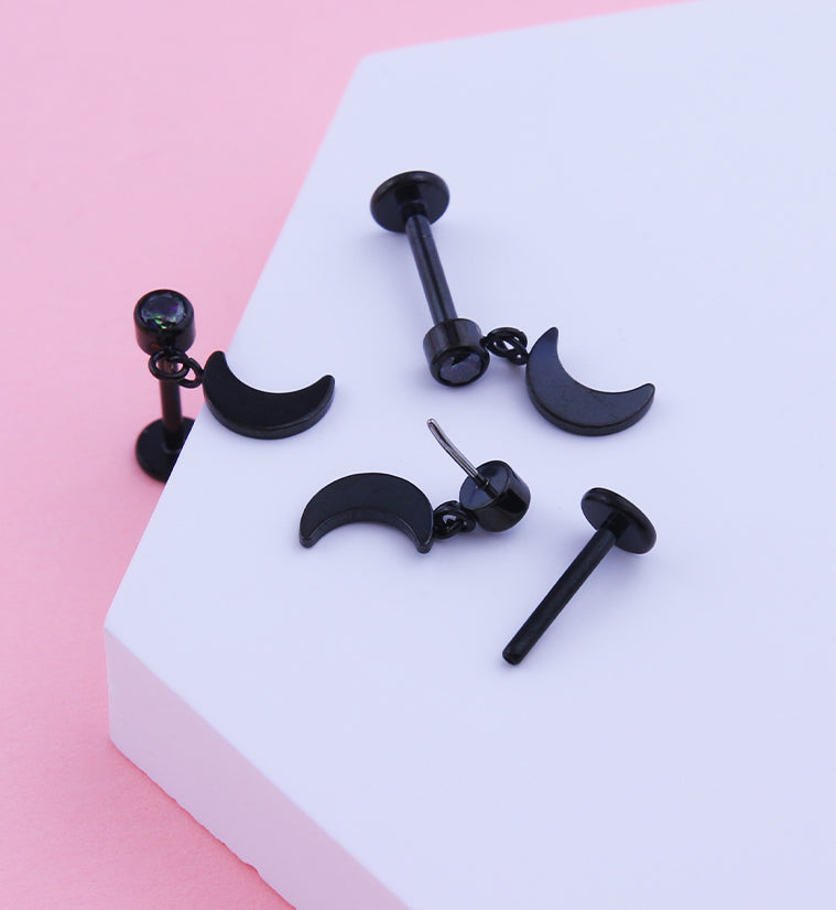 Black PVD Half Moon Dangle Black Aurora CZ Titanium Threadless Labret