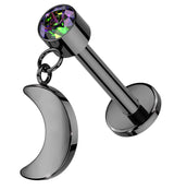 Black PVD Half Moon Dangle Black Aurora CZ Titanium Threadless Labret