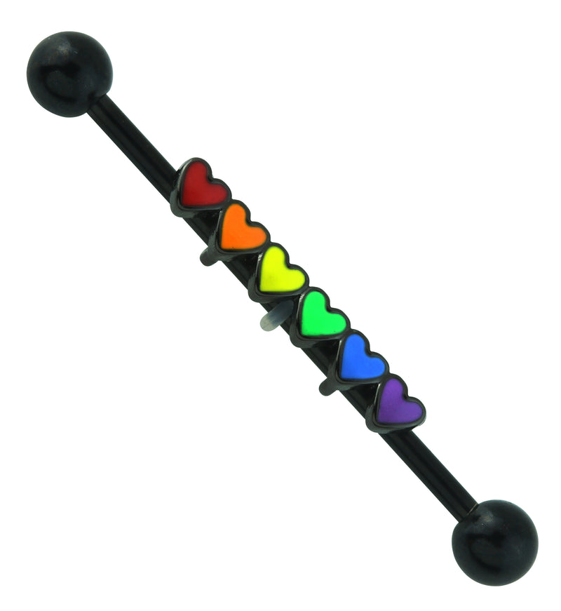 Black PVD Rainbow Hearts Industrial Barbell