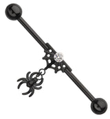 Black PVD Spiderweb Clear CZ Dangle Spider Internally Threaded Titanium Industrial Barbell