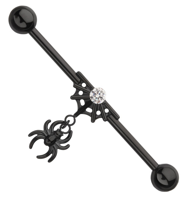 Black PVD Spiderweb Clear CZ Dangle Spider Internally Threaded Titanium Industrial Barbell