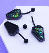 Black PVD Spiderweb Coffin Iridescent Green Stainless Steel Belly Button Ring