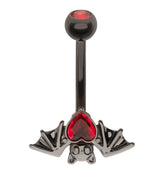 Black PVD Upside Down Bat Red Heart CZ Stainless Steel Belly Button Ring