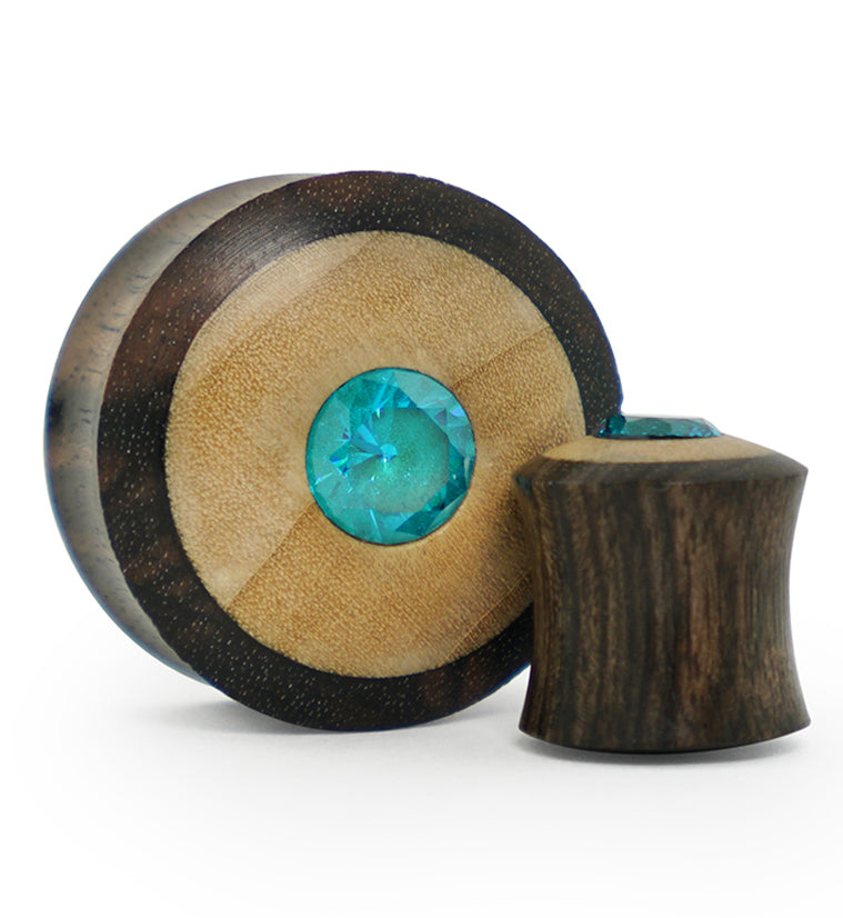 Sono - Crocodile Wood Plugs With Aqua CZ Gem Inlay