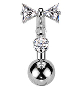 Bow Dangle Clear CZ Titanium Threadless Belly Button Ring