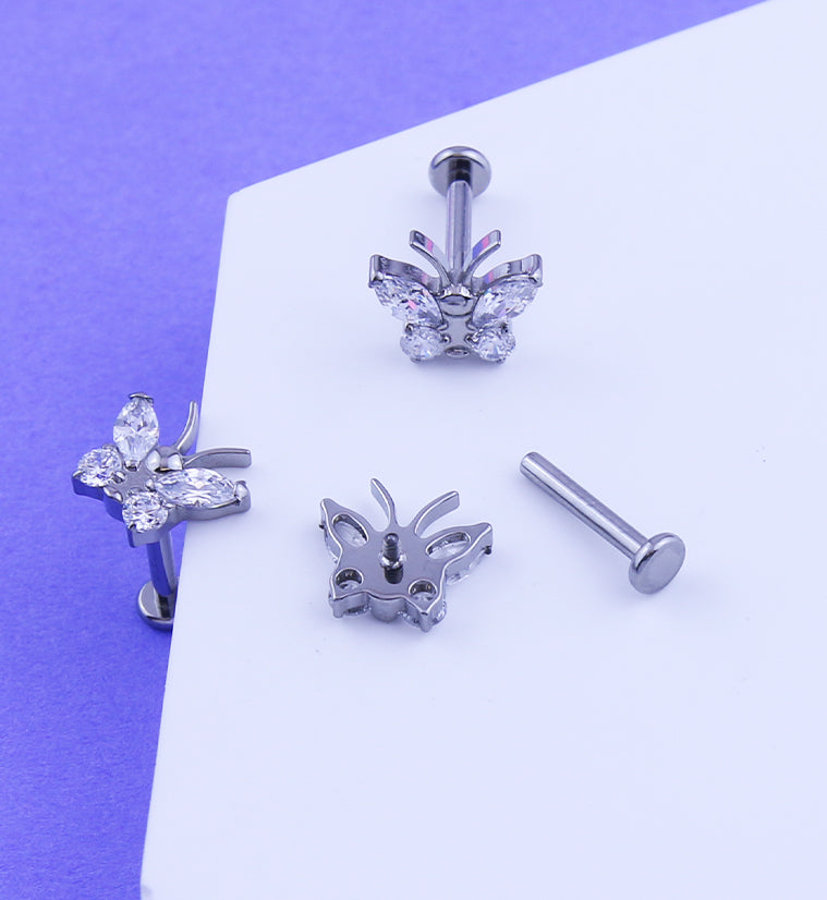 Butterfly Clear CZ Titanium Internally Threaded Labret