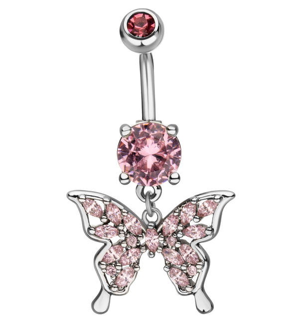 Butterfly Marquise Pink CZ Filled Dangle Stainless Steel Belly Button Ring