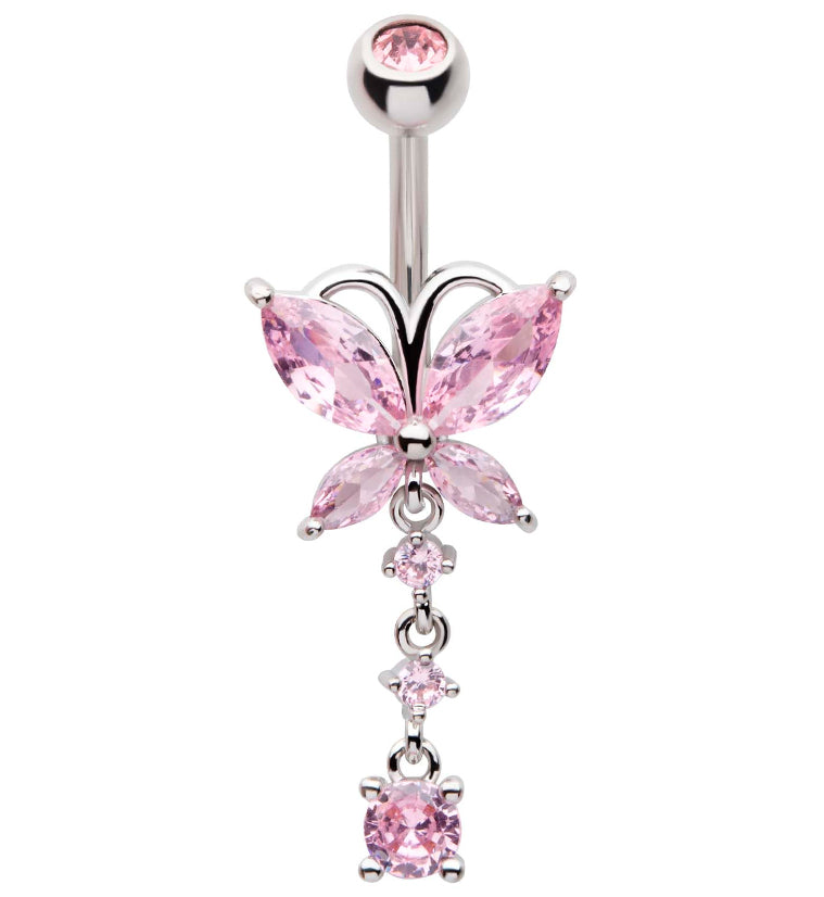 Butterfly Triple Dangle Pink CZ Stainless Steel Belly Button Ring ...