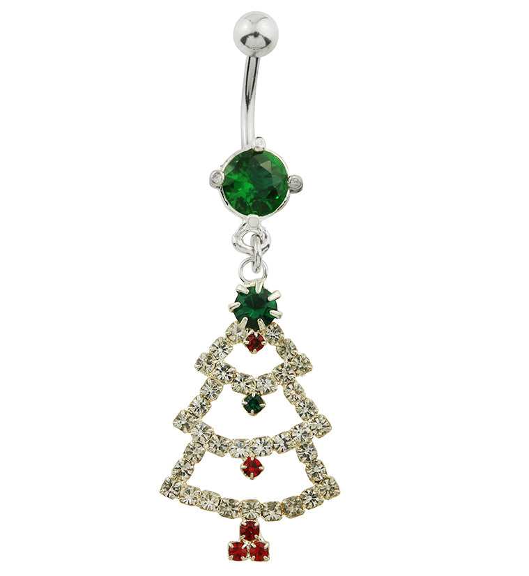 Christmas Tree Dangle Green CZ Stainless Steel Belly Button Ring