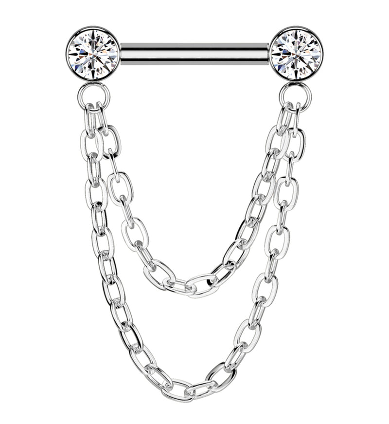 Clear CZ Double Chain Titanium Threadless Straight Barbell