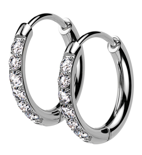 Clear CZ Hoop Stainless Steel Hinged Earrings