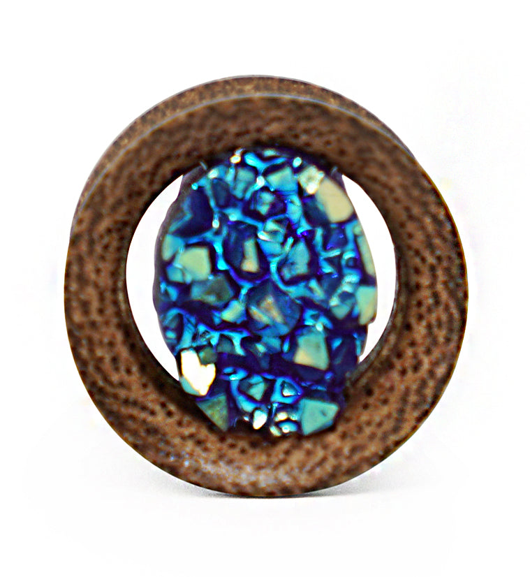 Coconut Wood Tunnels With Aqua Druzy Stone Inlay