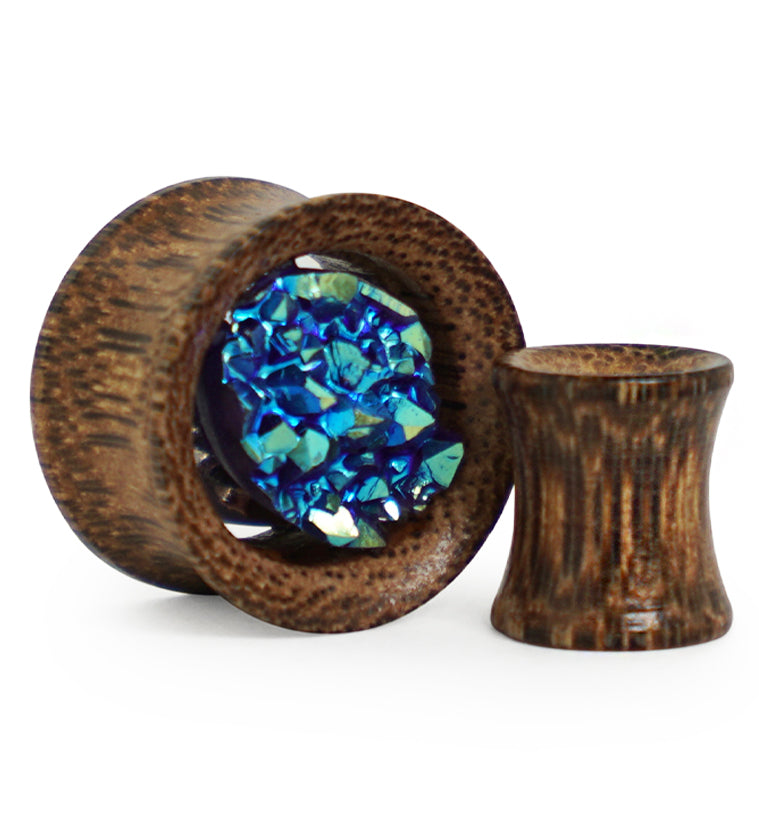 Coconut Wood Tunnels With Aqua Druzy Stone Inlay