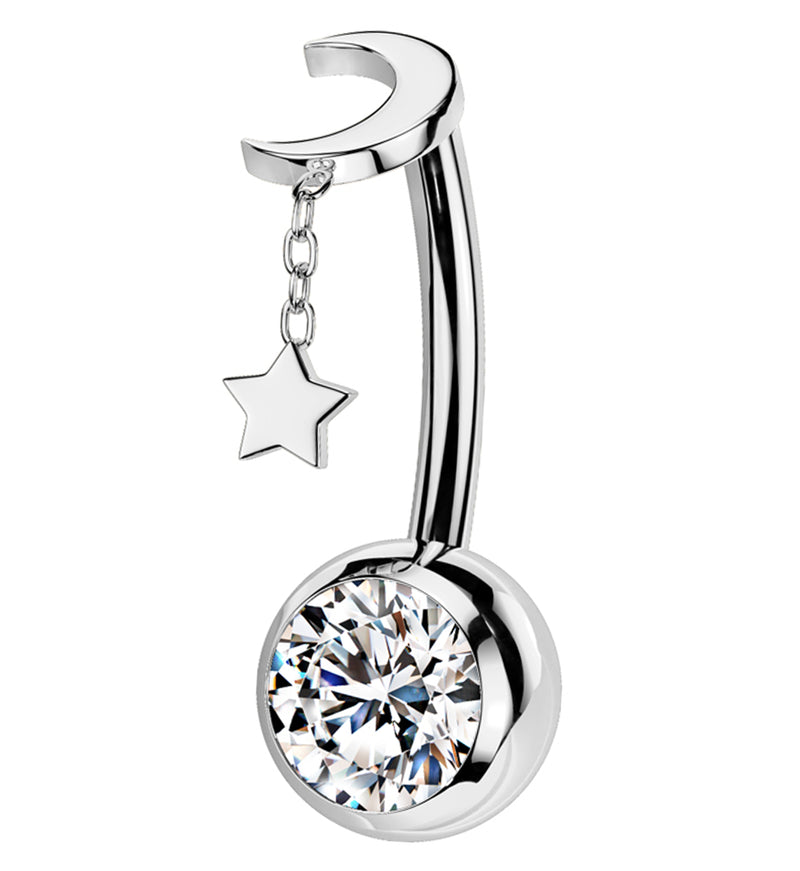 Crescent Dangle Star Clear CZ Titanium Threadless Belly Button Ring