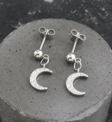 Crescent Moon CZ Dangle Stainless Steel Stud Earrings