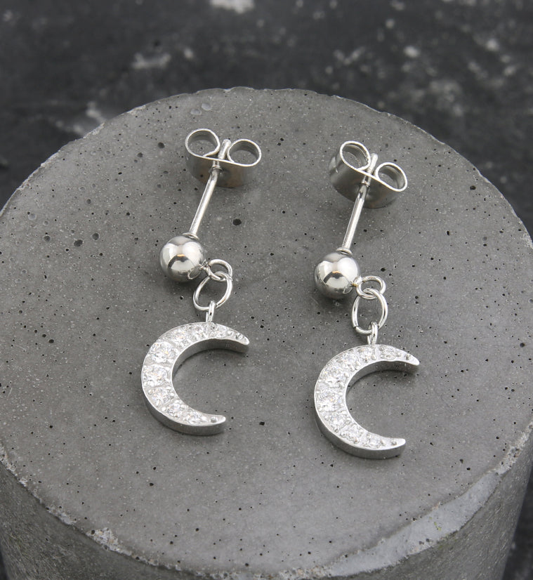 Crescent Moon CZ Dangle Stainless Steel Stud Earrings