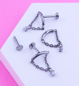 Curved Bar Dangle Clear CZ Chain Titanium Internally Threaded Labret