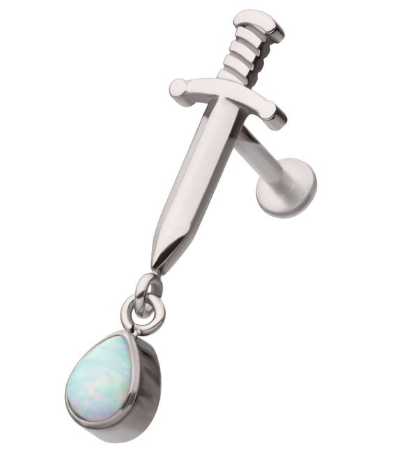 Dagger Dangle Teardrop White Opalite Stainless Steel Internally Threaded Labret