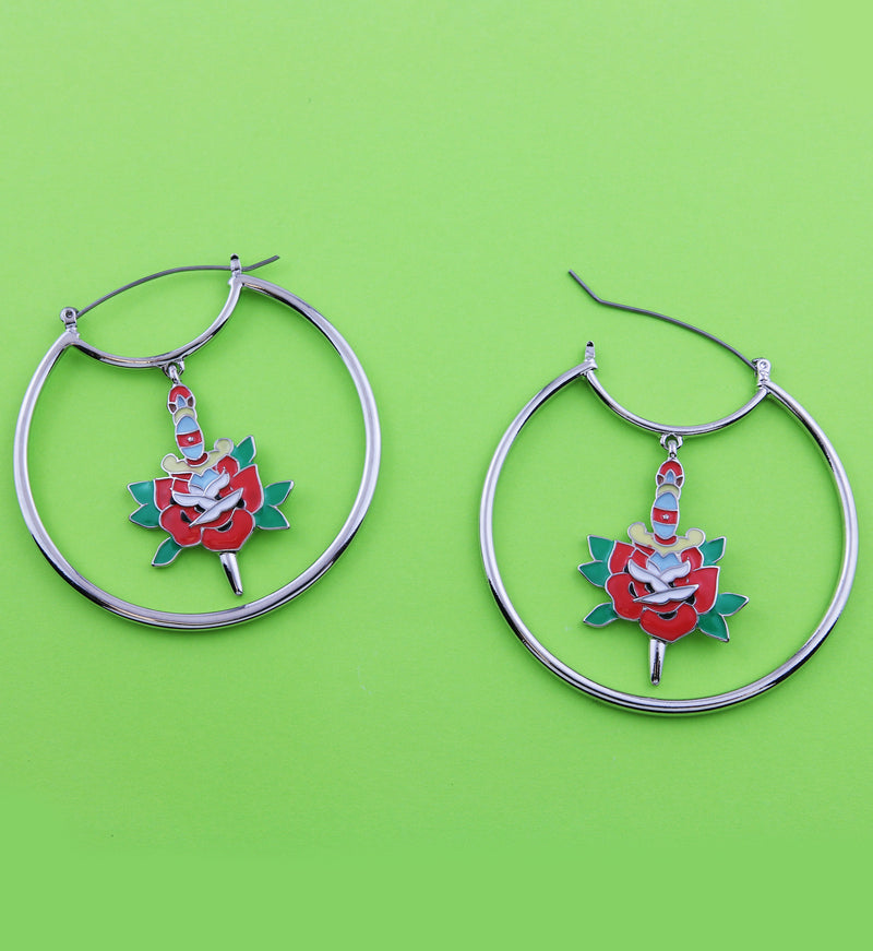 Dagger Red Rose Stainless Steel Plug Hoops