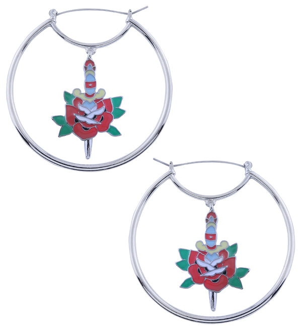 Dagger Red Rose Stainless Steel Plug Hoops